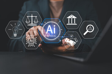 AI Ethics and Responsible Artificial Intelligence Governance. Businessman using laptop with icons...