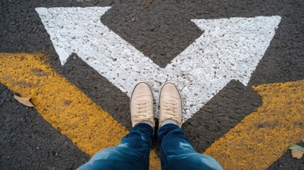 A pair of feet in light tan sneakers stands between two large arrows on asphalt,