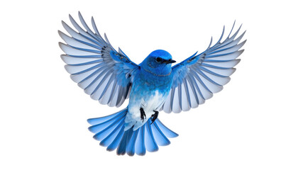 Fototapeta premium Vivid blue bird, wings spread, soars against a black backdrop