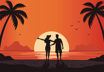 Couple Silhouette Sunset Beach Tropical Vacation Flat Vector Illustration © tahubulat