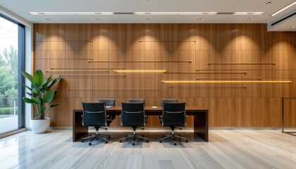 Business background, innovation and high tech concept. Modern office interior with wooden accents and sleek design elements.