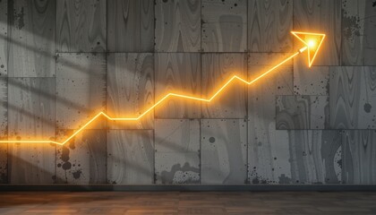 Business background, innovation and high tech concept. Neon arrow graph rising against a textured wall.