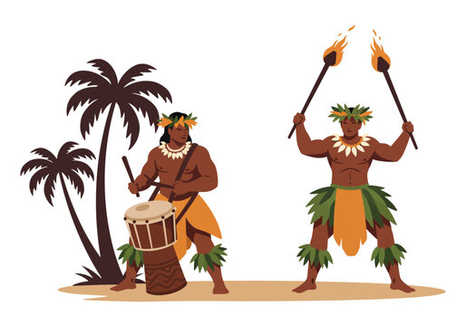 Polynesian Tribal Performers Drummer and Fire Dancer Tropical Vector Art