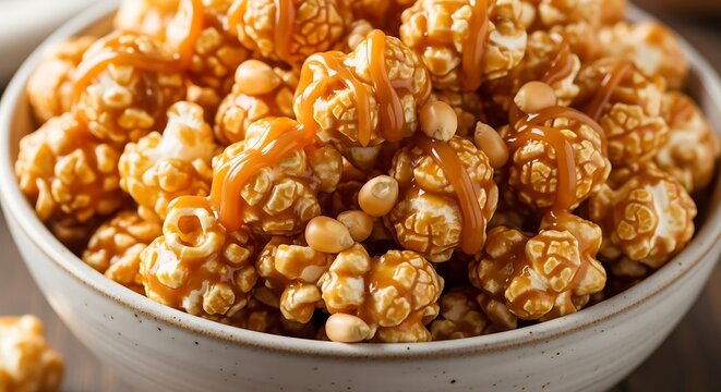 Delicious Homemade Caramel Popcorn with Peanuts Drizzled with Extra Caramel Sauce.