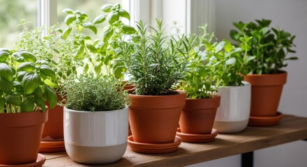 Fototapeta premium Potted herbs arranged in soft daylight - fresh kitchen garden concept for recipe content wellness posts and natural headers