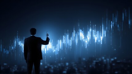 Business professional interacts with glowing digital financial growth chart above a darkened cityscape