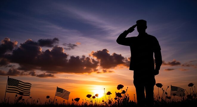 Veterans Day Sunset Silhouette Honoring American Heroes With Flags And Remembrance Poppies