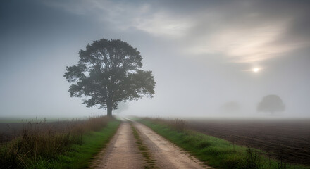 Obraz premium Atmospheric misty landscape with a single tree along a dirt road