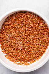 Overhead view of washed red guinea corn, top view of Red guinea corn also known as sorghum