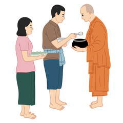 A colorful, simple illustration of a man and a woman performing alms offering (Tak Bat) to a Buddhist monk holding an alms bowl. This graphic is perfect for projects on Thai culture.