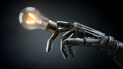 Metallic robotic hand delicately grasping an illuminated incandescent light bulb against a dark background