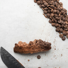 Overhead view of chopped dark chocolate for baking, top view of chocolate chunks