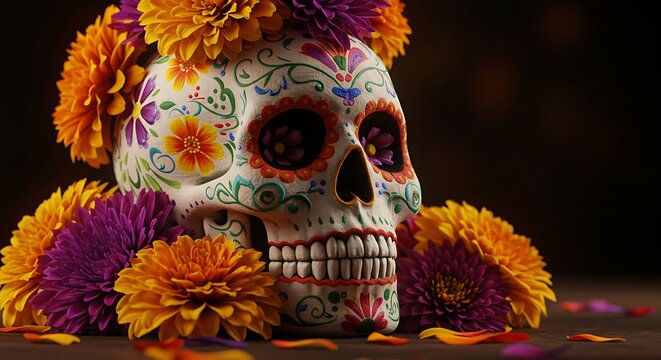 Decorated Sugar Skull Surrounded by Vibrant Marigold Flowers for Day of the Dead Celebration.
