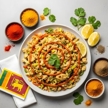 Top-view artistic flat lay of colourful Sri Lankan kottu roti with vivid vegetables, spices, curry drizzles, and a festive Sri Lankan flag napkin &mdash; vibrant food celebration