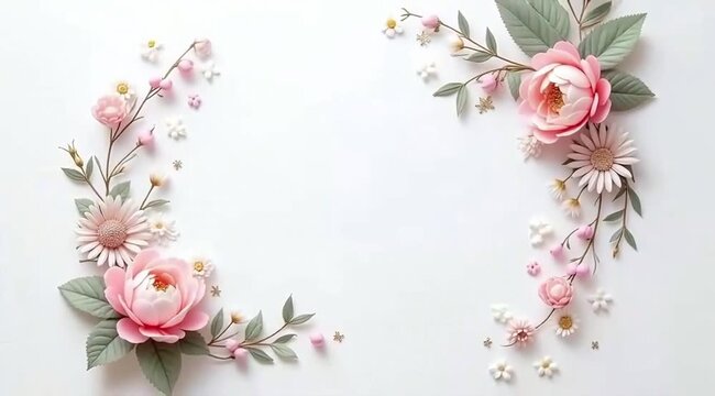  Floral arrangement with pink roses and soft blossoms framing a light-filled blank background, 4K Video