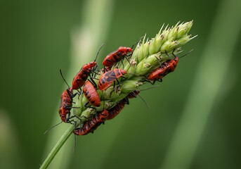 Close up of red bugs on a green wheat stalk in a natural outdoor setting.