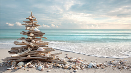 A unique coastal Christmas tree creatively constructed from weathered driftwood and assorted seashells stands against a backdrop of turquoise sea, evoke a serene seaside holiday atmosphere.