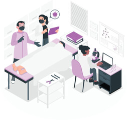 Medical professionals in lab coats and masks examine patient on examination table with