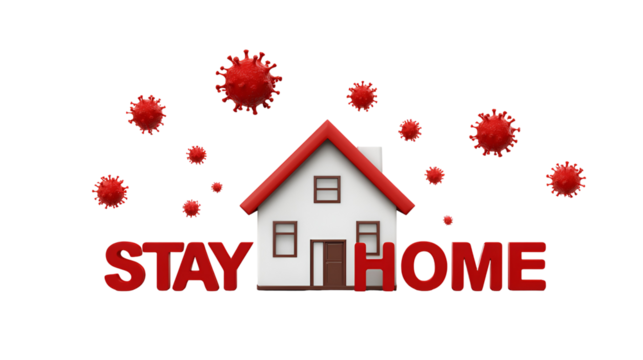 House with stay home message and virus particles isolated on transparent background