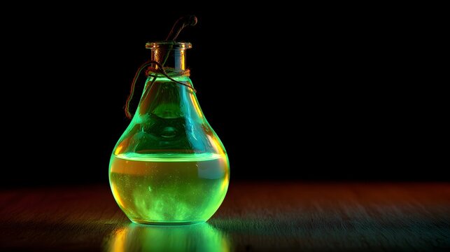 Glowing green liquid fills a pear-shaped glass flask resting on a reflective dark surface - Powered by Adobe