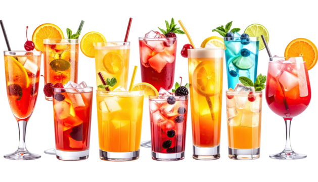 Varied fruit drinks sit side-by-side, colorful and refreshing