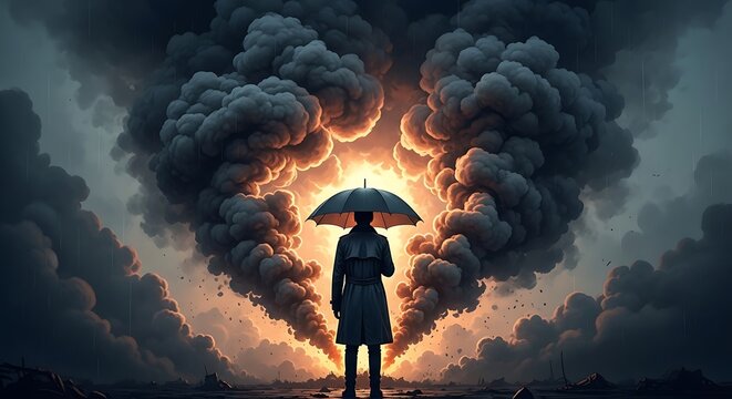 Man standing in smoke with umbrella concept art digital painting dramatic sky apocalyptic scene illustration -smog air pollution
