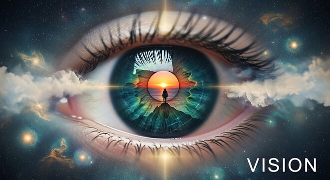 Cosmic Eye with Sunset and Silhouetted Figure, Vision Concept.