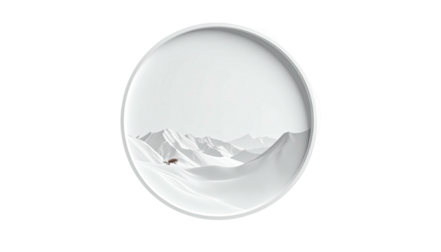 Snowy mountain landscape contained in a plate, minimalist design