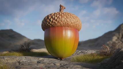 Solitary vibrant acorn stands prominently on rocky terrain beneath a sunny and partly clouded sky