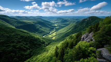 Vast Green Valley Scenic Vista With Rolling Hills Distant Forests River Below Under Blue Cloudy Sky