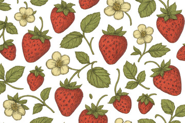 Vintage strawberry pattern with red fruits, green leaves, and white flowers, a hand-drawn botanical seamless illustration