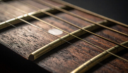 Guitar Fretboard Close-Up: A Woodworking and Musical Instrument Study, Acoustic Guitar Fretboard in Macro: Golden Strings and Distressed Wood Texture