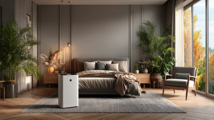 Calm bedroom air quality compact purifier minimal design soft light neutral decor cozy space plant corner autumn view