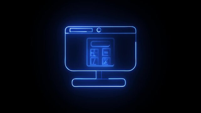 A glowing neon computer monitor displaying a calculator interface with math symbols, symbolizing digital calculation, analytics, and smart computing.