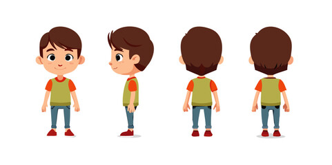 Cartoon Boy Character Design Turnaround – Front, Side, and Back View Vector Illustration