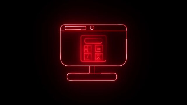 A glowing neon computer monitor displaying a calculator interface with math symbols, symbolizing digital calculation, analytics, and smart computing.