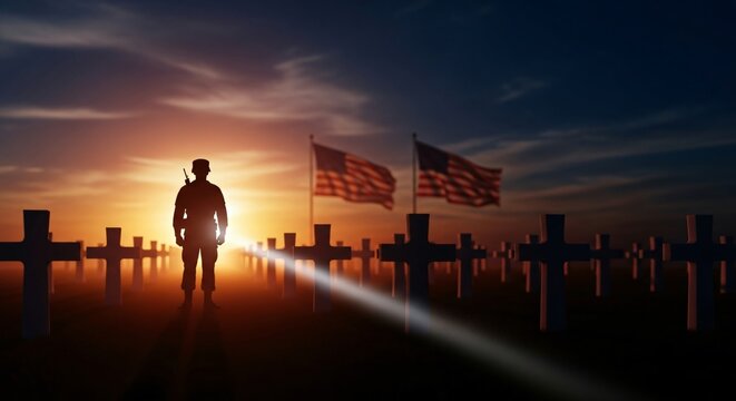 Veterans Day Remembrance Honoring American Heroes at Sunset with Flags and Cemetery Crosses