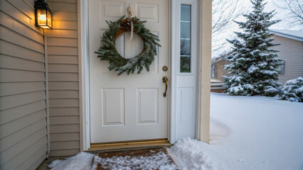 Minimal wreath on matte door, soft snow dusting, warm porch light, serene winter entry, quiet suburb morning calm