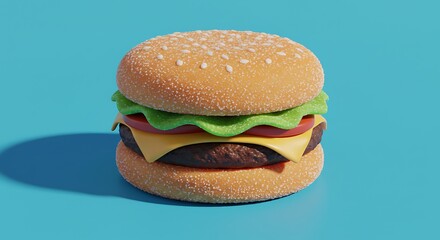 Delicious 3D hamburger with cheese, lettuce, tomato and seeded bun