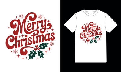 Retro Merry Christmas Holly Berry T-Shirt Design