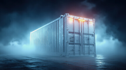 Cold chain container with glowing temperature indicator in misty environment, secure storage for pharmaceuticals and sensitive goods