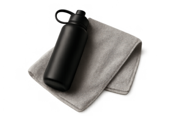 Black reusable water bottle with a gray fitness towel on a transparent background, symbolizing hydration and active lifestyle