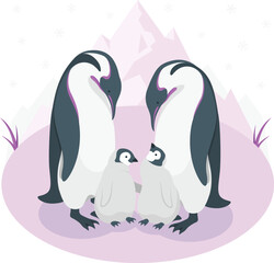 Penguin family with two chicks in snowy landscape penguins baby