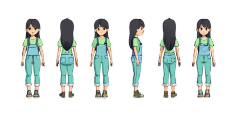 "Anime Character Turnaround – Front, Side, and Back Views of Girl in Denim Overalls and Green T-Shirt"
