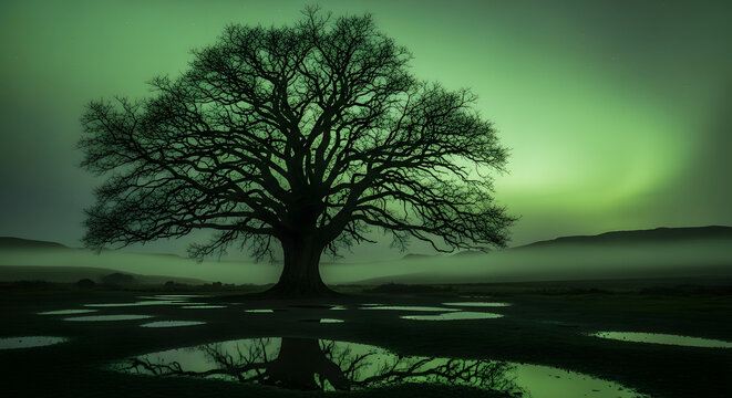 Silhouette Tree Reflected in Puddles Under Green Sky Landscape