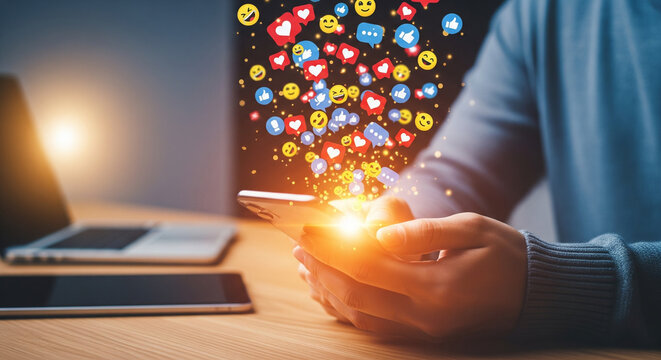 Social media engagement strategy using mobile phone for marketing and digital communication growth online
 - Powered by Adobe