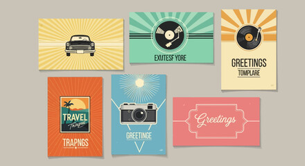 Assorted Retro Style Greeting Cards Design with Vintage Elements Illustration