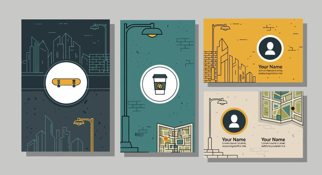 Modern Urban City Themed Business Card Design Set with Line Art Style - Powered by Adobe