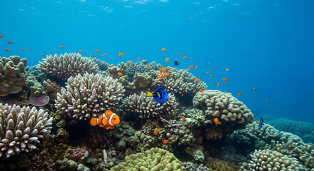 Obraz premium Colorful coral reef with vibrant fish swimming underwater in the ocean.