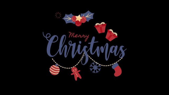 Merry Christmas Typography Vector with Flat Decorative Elements on Transparent Background